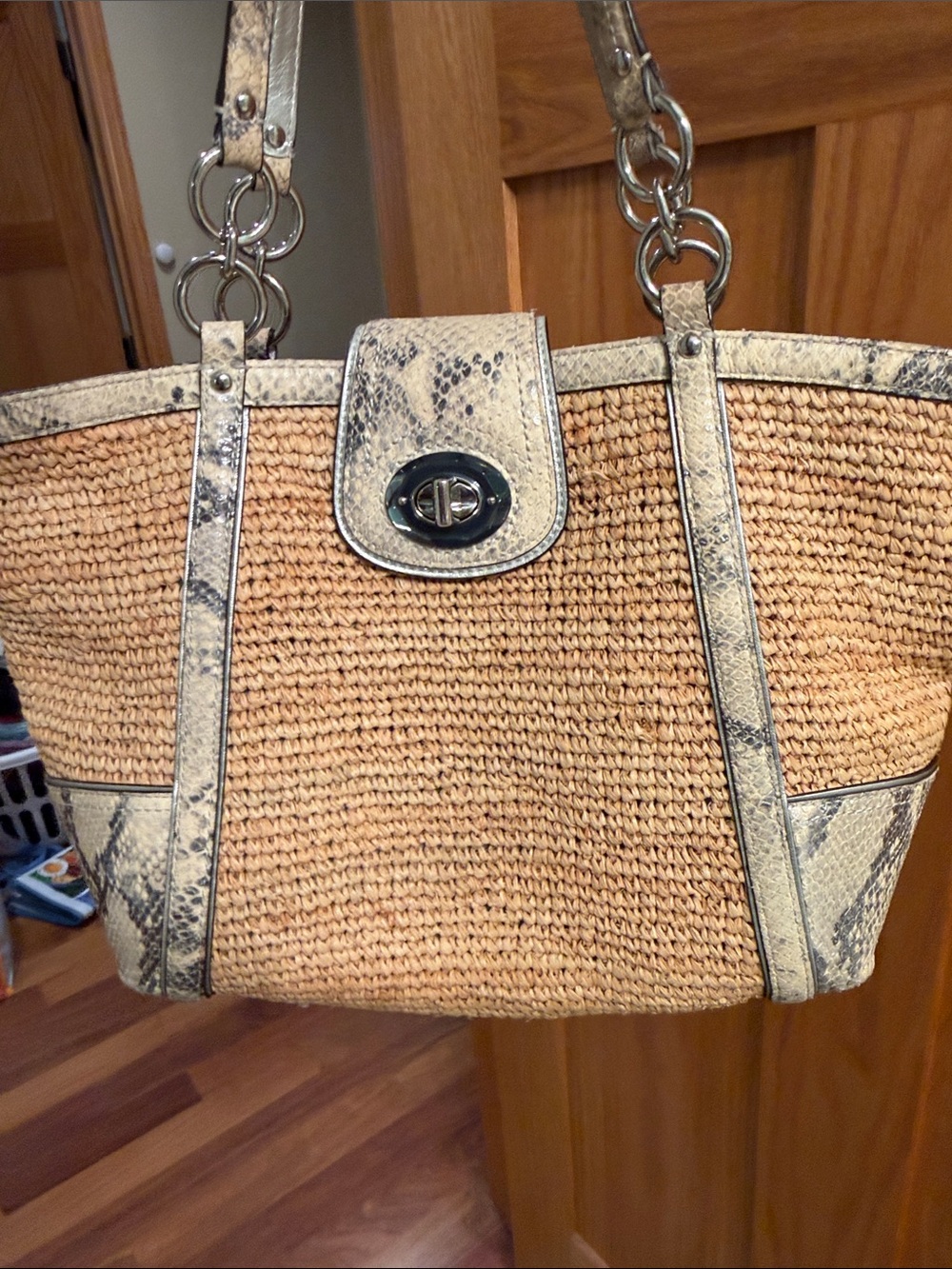 Coach Woven Straw Tote with Snake-Print Trim - Beige - Picture 11 of 11